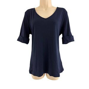 Ralph Lauren Navy Blue V-Neck Cuffed Short Sleeves Cotton Shirt Top Size XL Tee